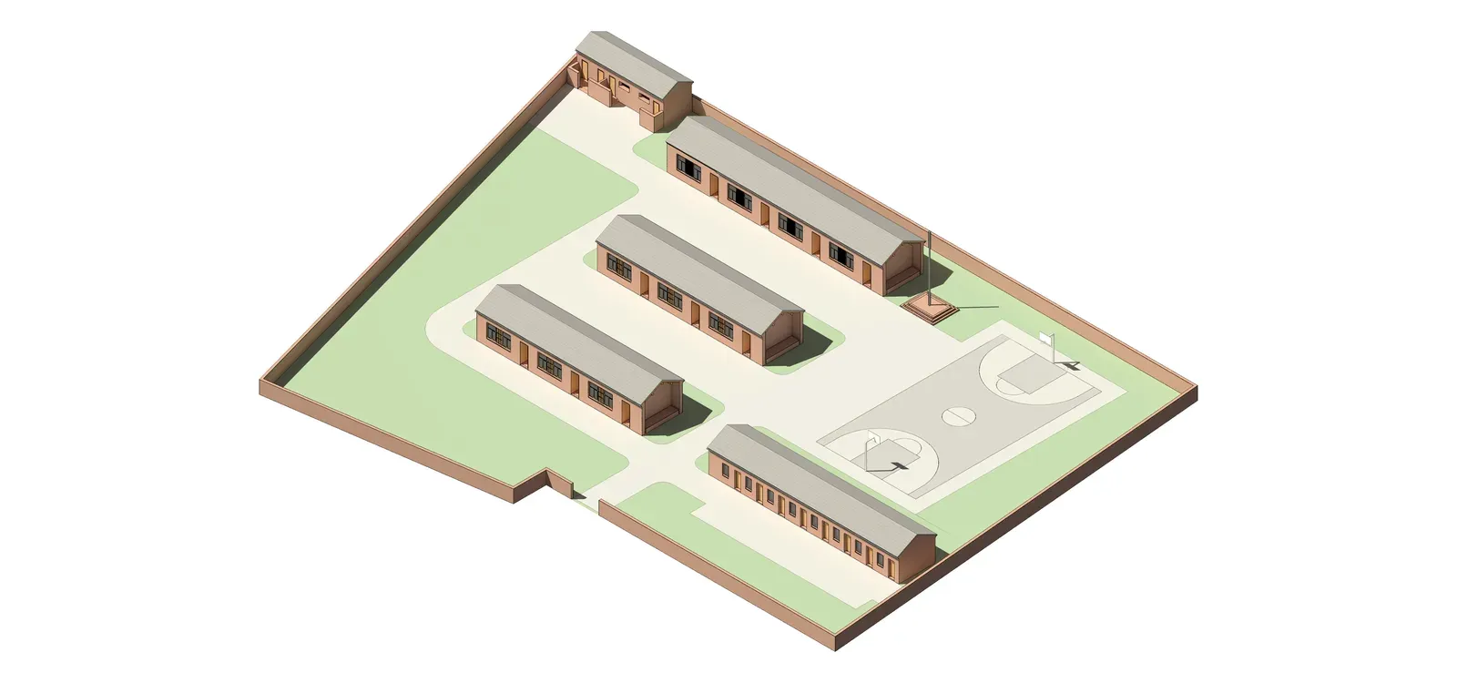 Aerial view of the school compound with four gabled blocks and a sports court
