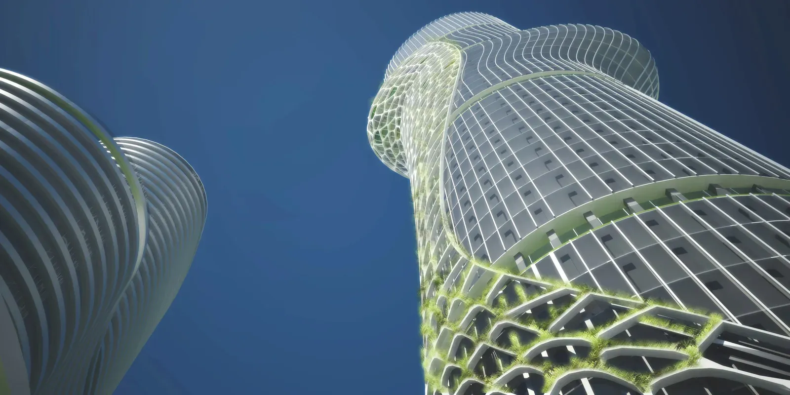 Upward view of the tower, where the net-like facade wraps the glazing