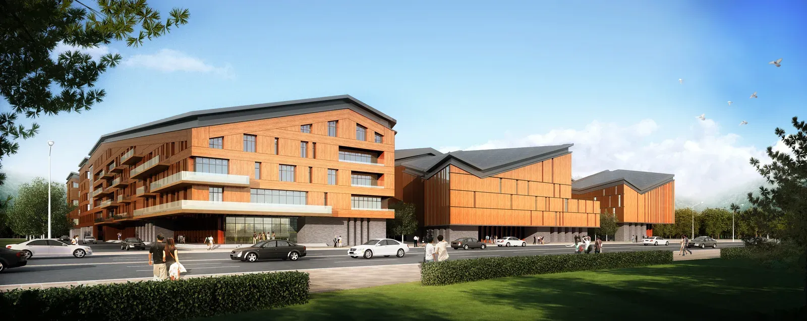 Daytime rendering of the hotel block and the commercial buildings along the street