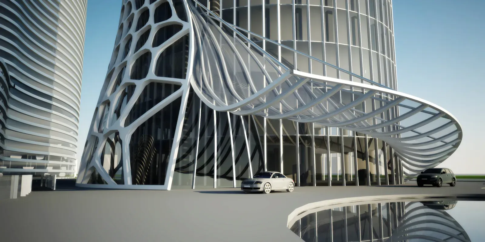 Branching facade structure at the base of the tower, with the entrance canopy