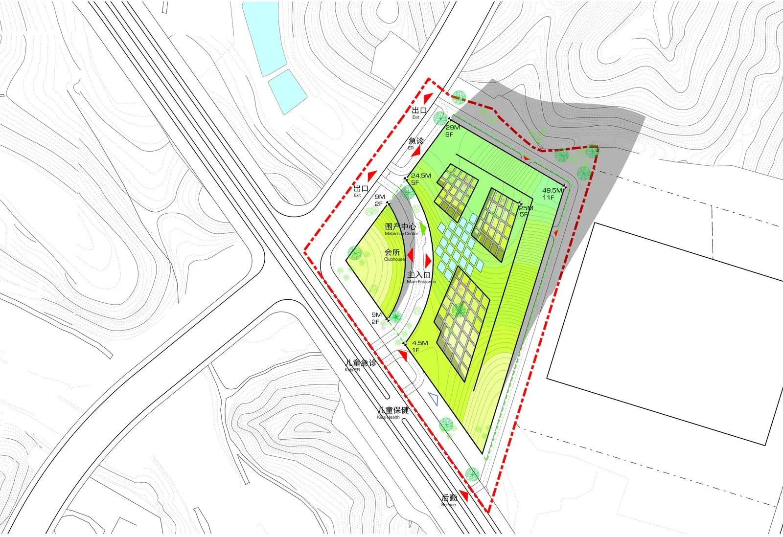 Site plan with entrances, heights and the terraced roof