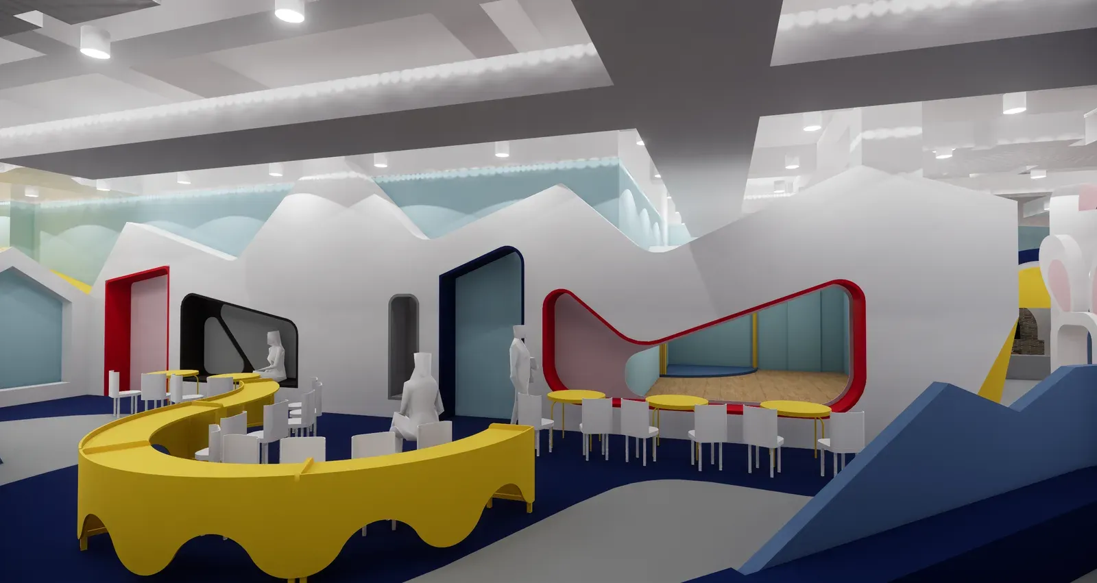 Café seating along a curved yellow counter