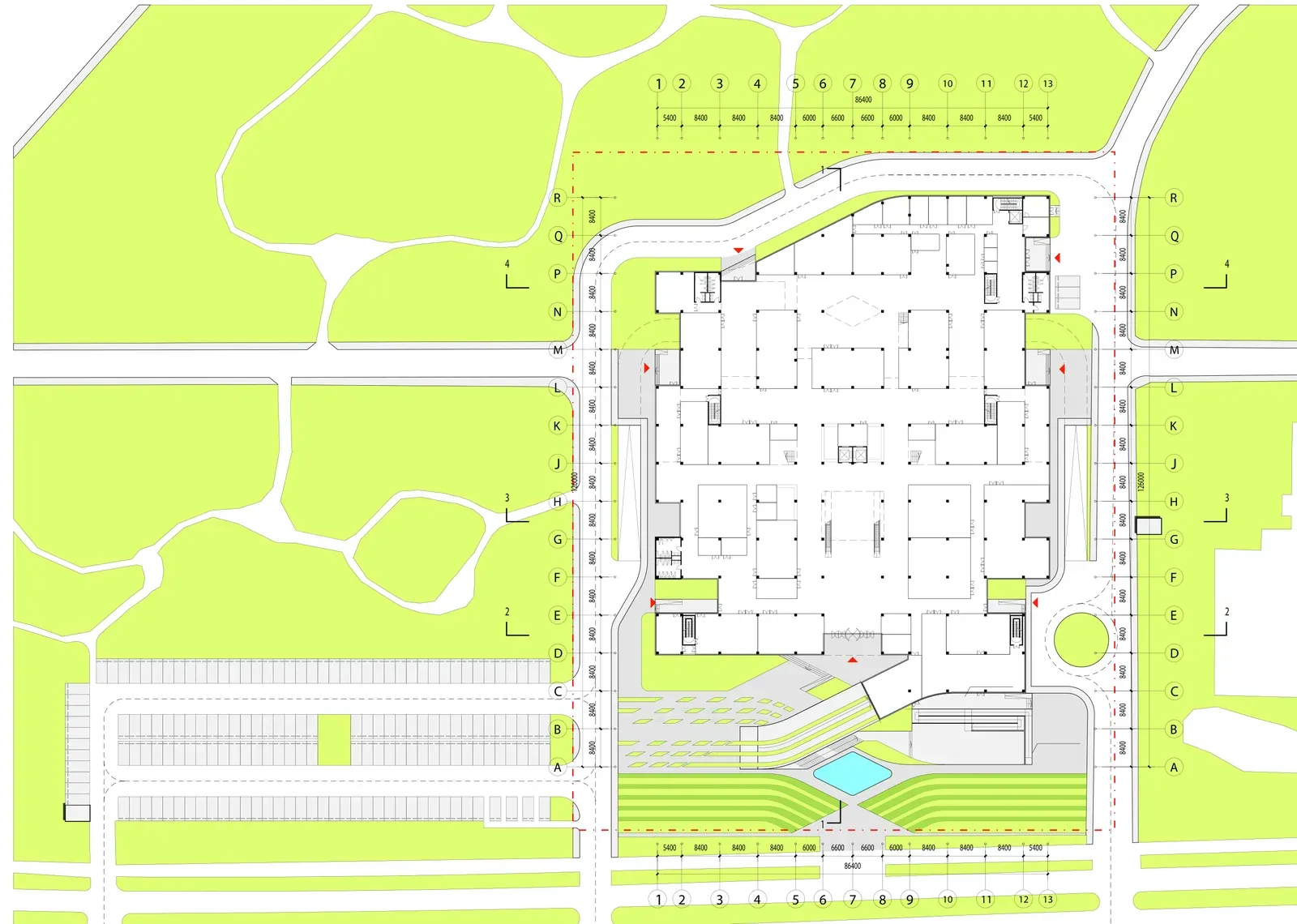 Ground floor plan with the stepped entrance landscape and parking