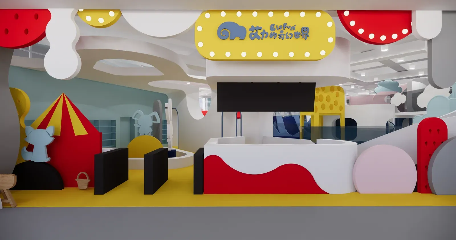 Reception desk with a yellow sign board and red and white panels