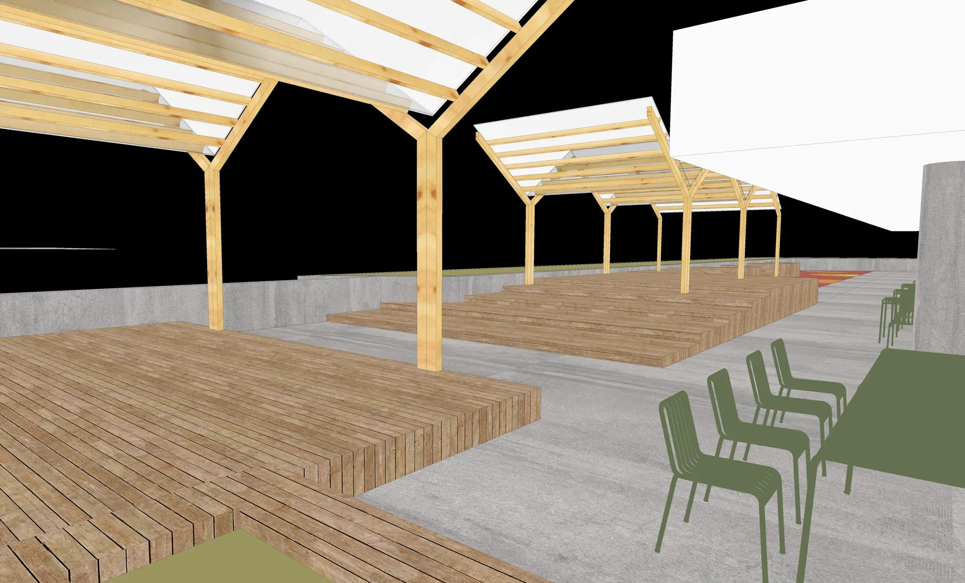 Rhino model view of the deck, pergolas and seating