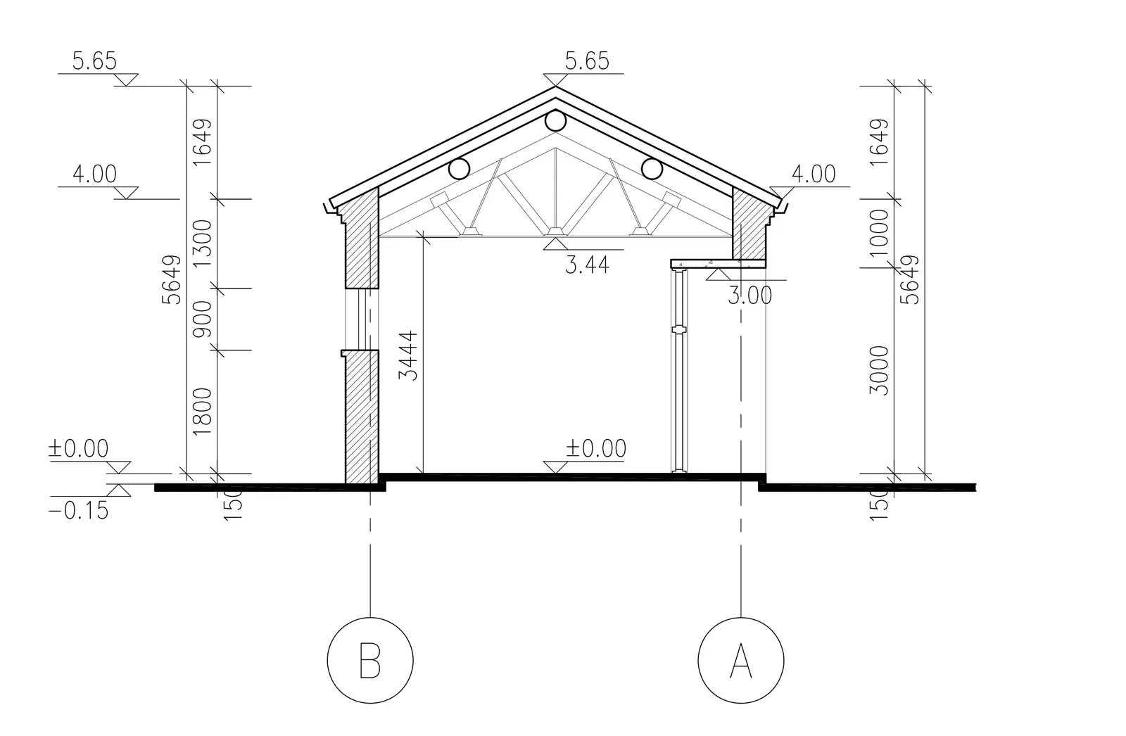 Cross-section through a classroom showing the gable roof truss