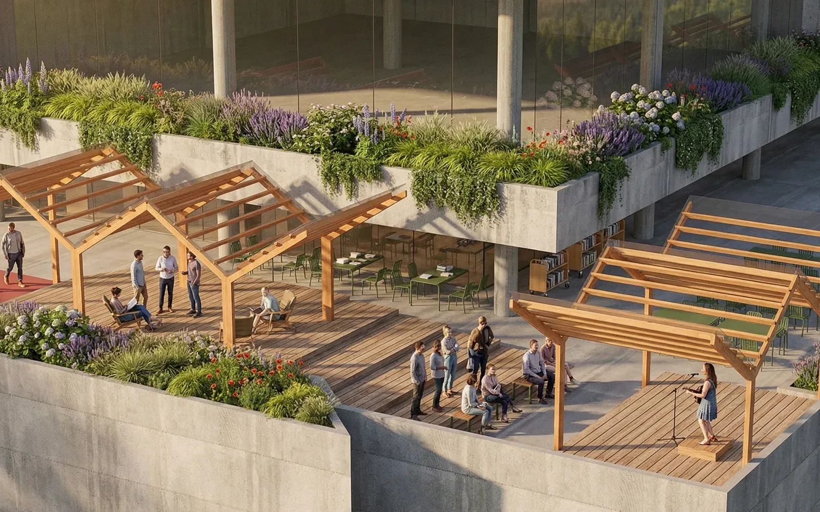 Aerial view of the timber deck with pergolas, planters and people gathering