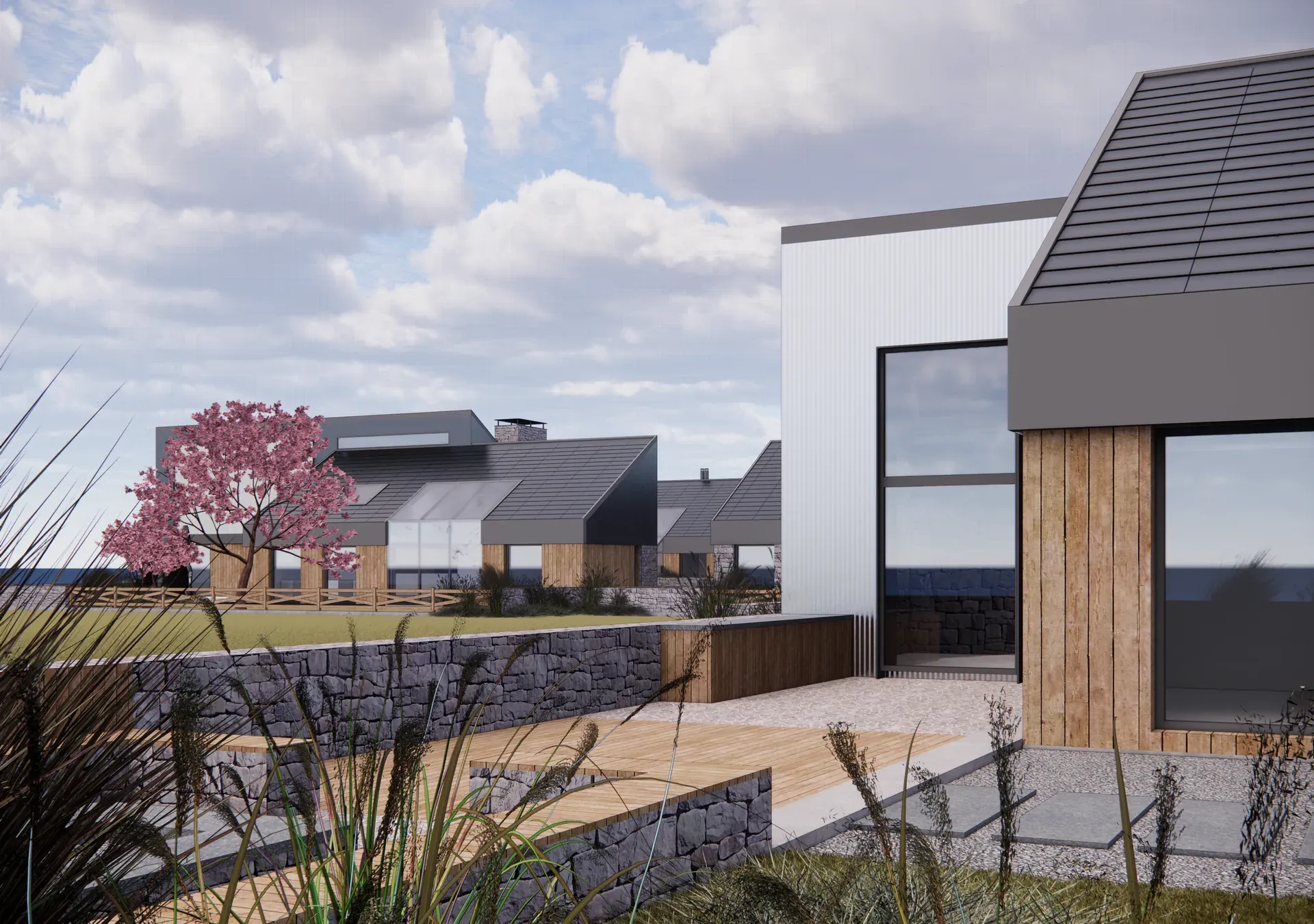 Courtyard of the Yuan Village homestay, timber cladding and a flowering tree