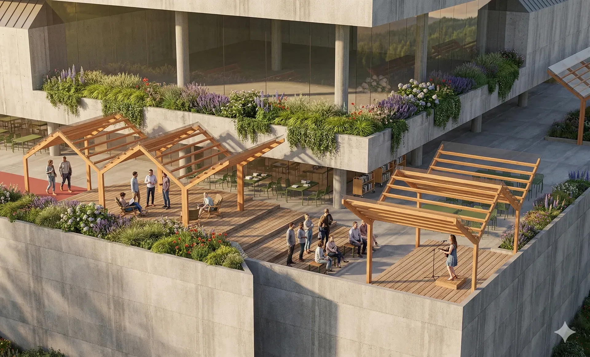 Aerial view of the timber deck with pergolas, planters and people gathering