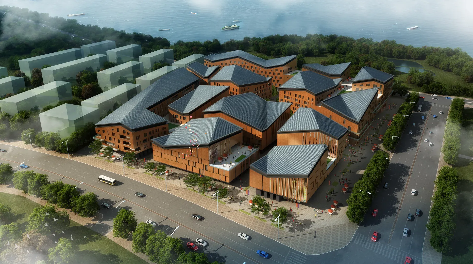 Aerial rendering of the complex, a cluster of timber-clad buildings with grey pitched roofs beside a road